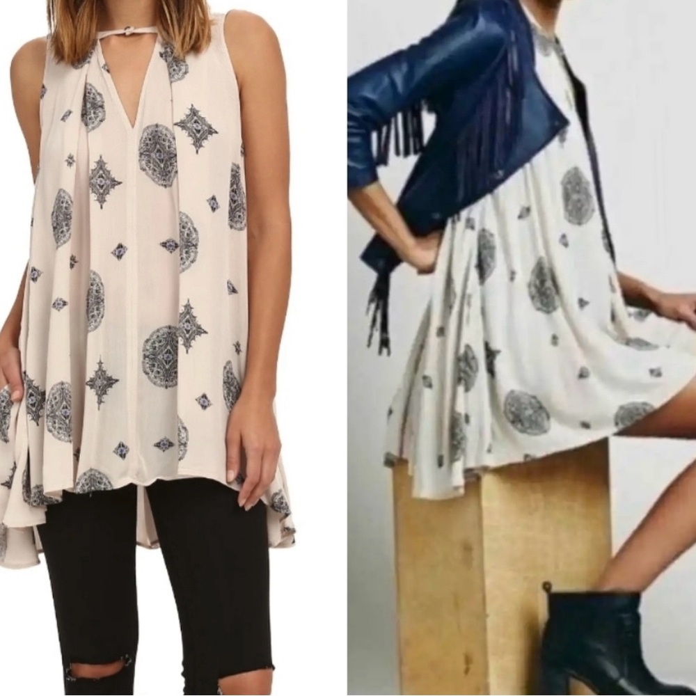 Free People Cream and Black Patterned Tunic top or mini dress/ XS